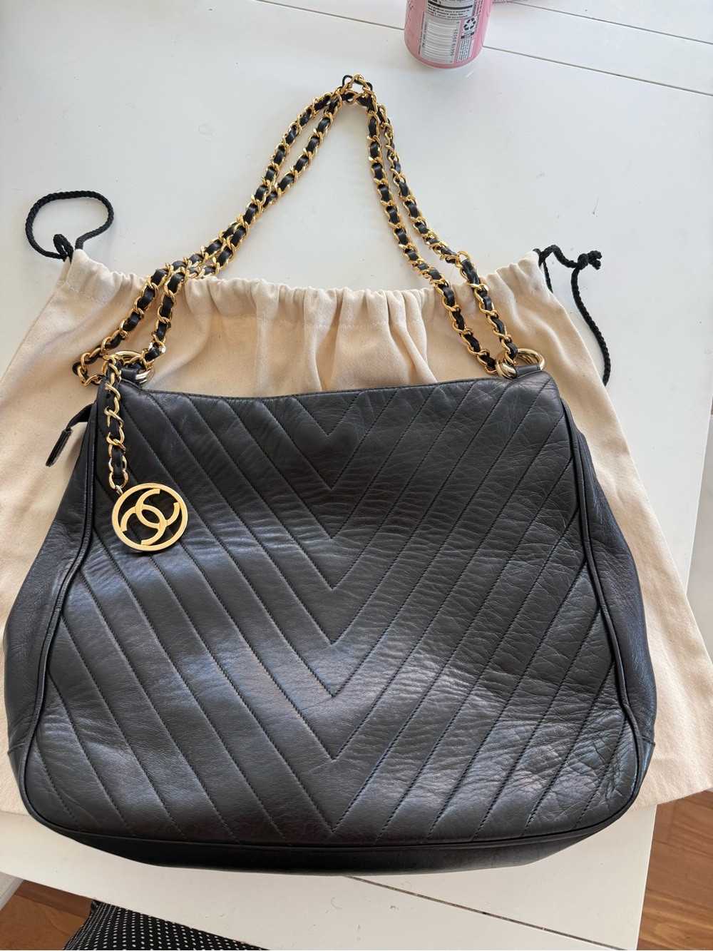 CHANEL Black Chevron Quilted Shoulder Bag Gold Chain Strap Zip